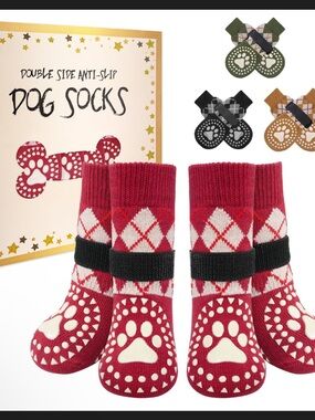 Red Argyle Anti-Slip Dog Socks with Paw Grip - (Brand: )